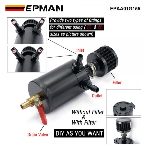 Epman Baffled Oil Catch Can Reservoir Tank Universal With Drain Valve